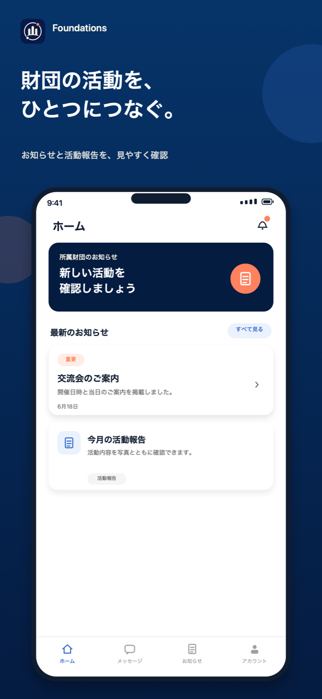活動報告とお知らせを確認できるFoundationsの画面